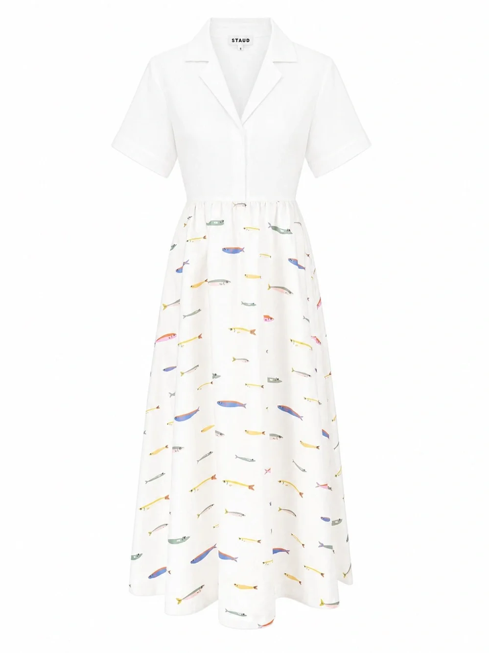 STAUD White 100% Linen Fish Print Maxi Shirt Dress Size S NWT Coastal Resort - Picture 12 of 12